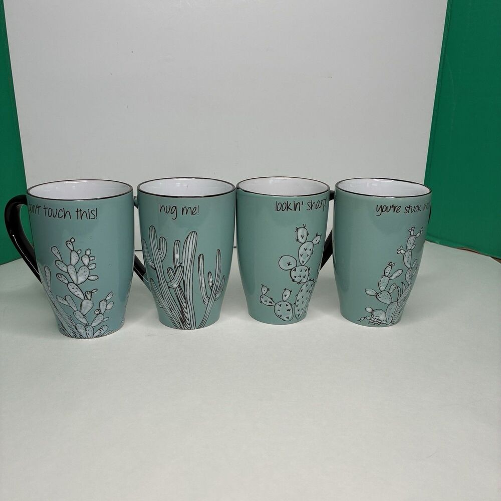 Lot Of 4 Cactus Coffee Mugs Tall Sage "Don't Touch This" Southwest Fun Spectrum